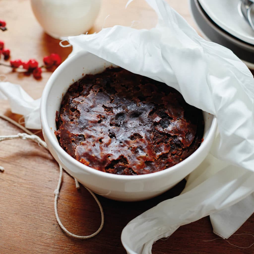 Figgy's Christmas Pudding in a Mason cash pudding bowl with a muslin cloth just steamed