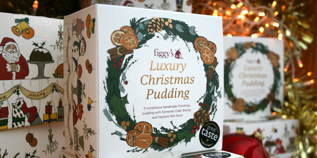 Figgy's Christmas puddings on a shop shelf
